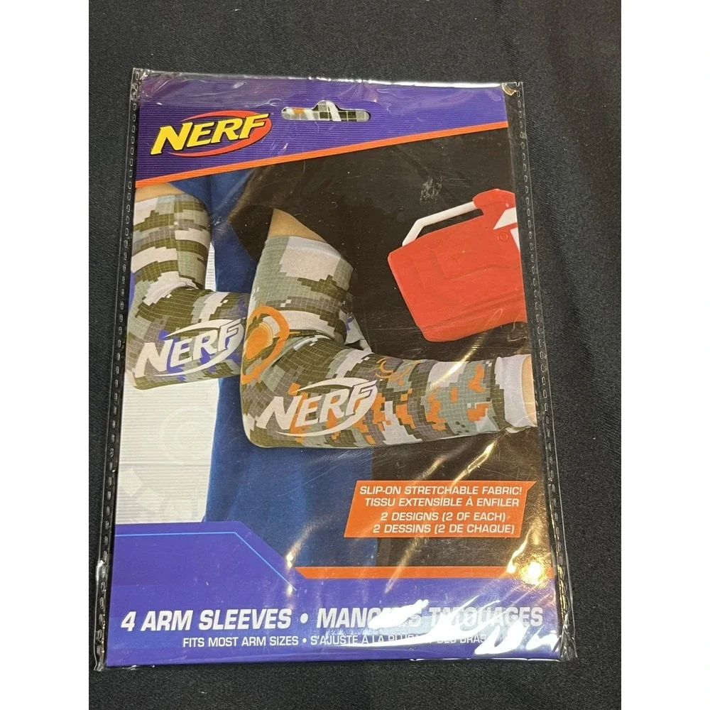 NERF Party Supplies Lot: 2 Plastic Tablecovers & 1 Pack of 4 Arm Sleeves Blaster
